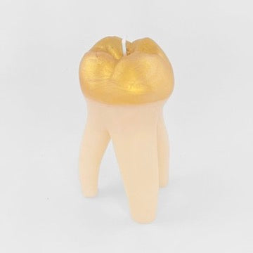 A tooth-shaped object with a metallic gold crown and a pale beige root, photographed on a plain light gray background.